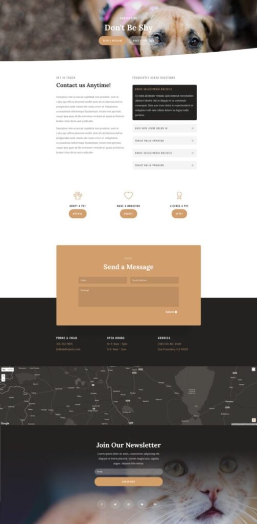 Example de page contact pour le site web d'un refuge animal
