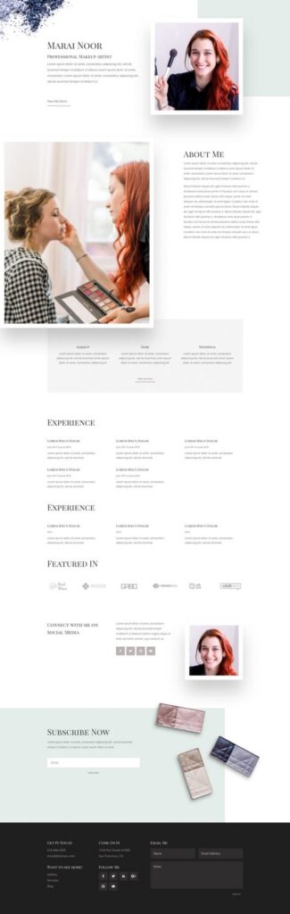 Example de page à propos pour un site web d'une artiste make-up