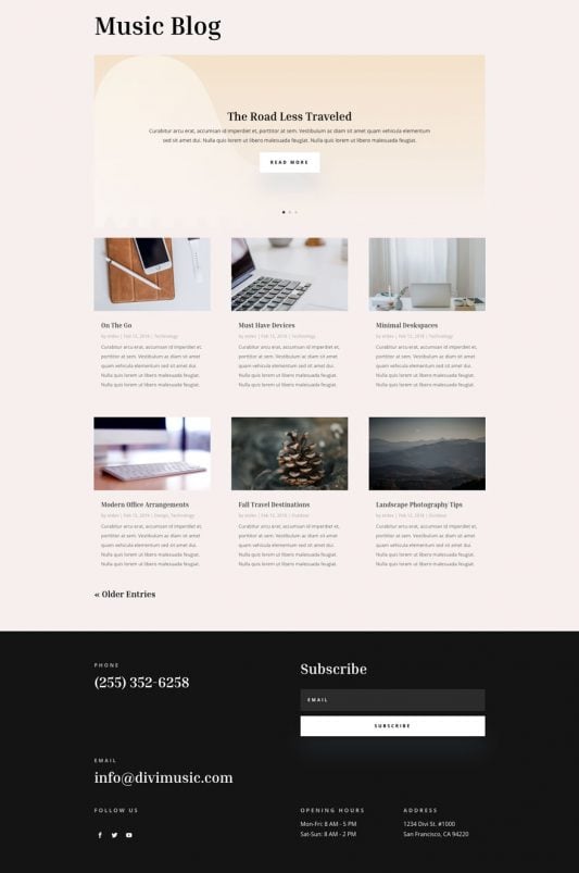 Example de page blog pour un site web d'un prof de musique
