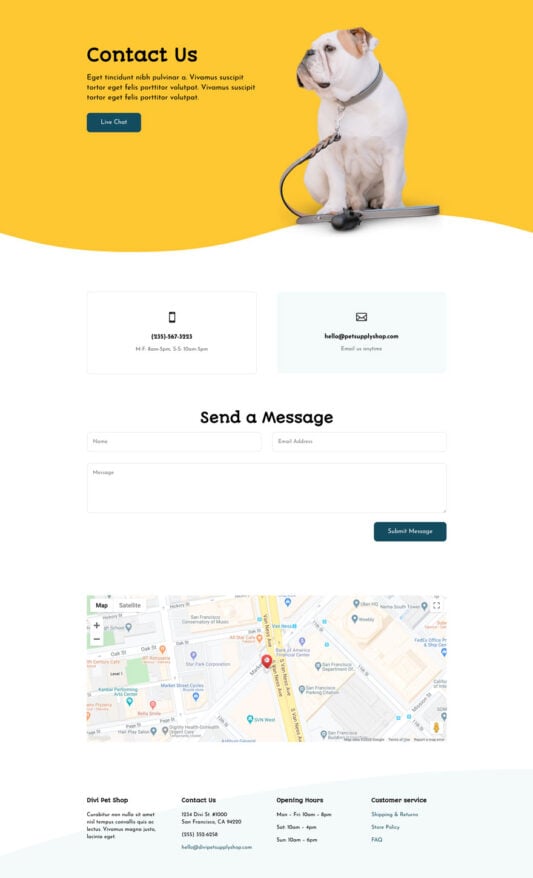 Example de page contact pour un site web d'articles d'animaux